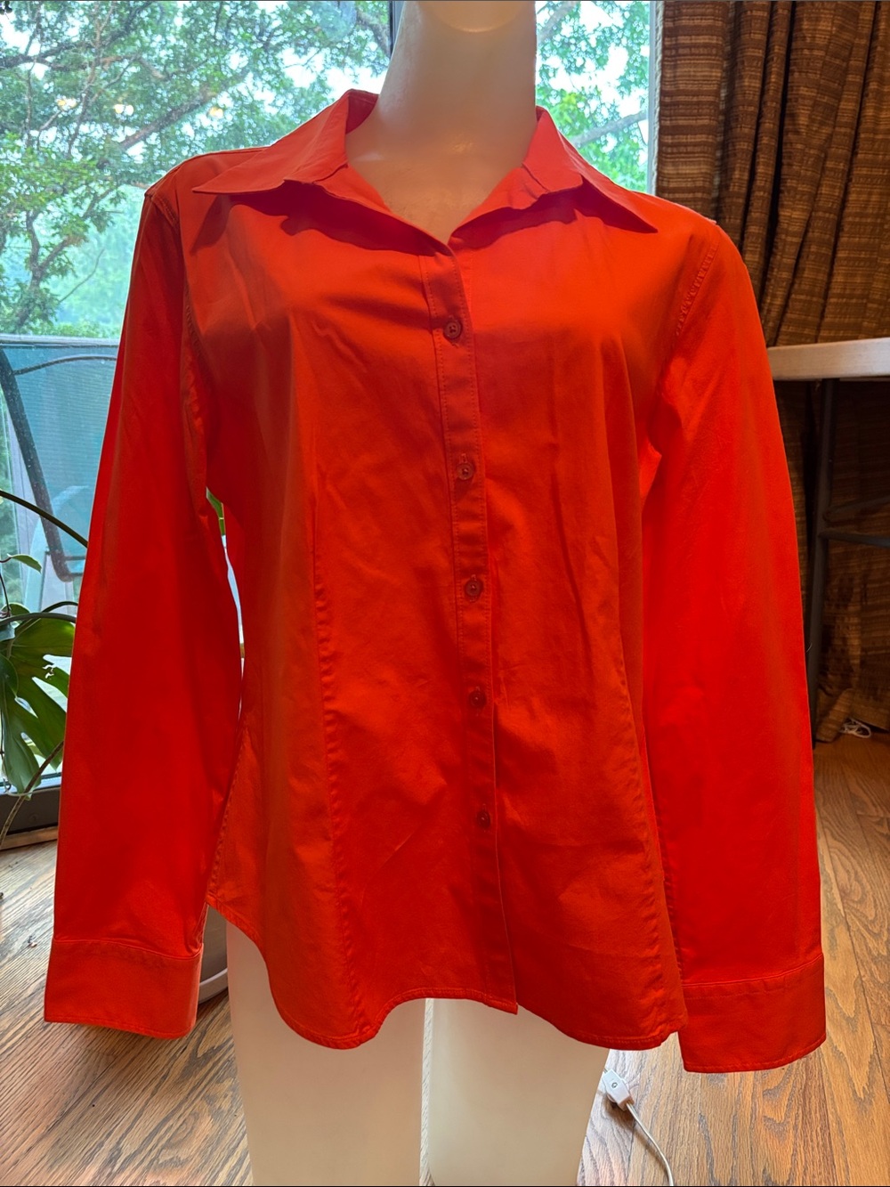 Talbots Petite Button-Front Blouse in Bright Coral-Red